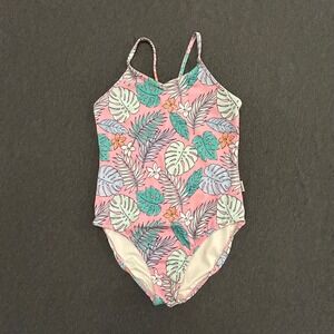 Quince Girls Size 7 One Piece Swimsuit Pink Tropical Leaf Floral Print